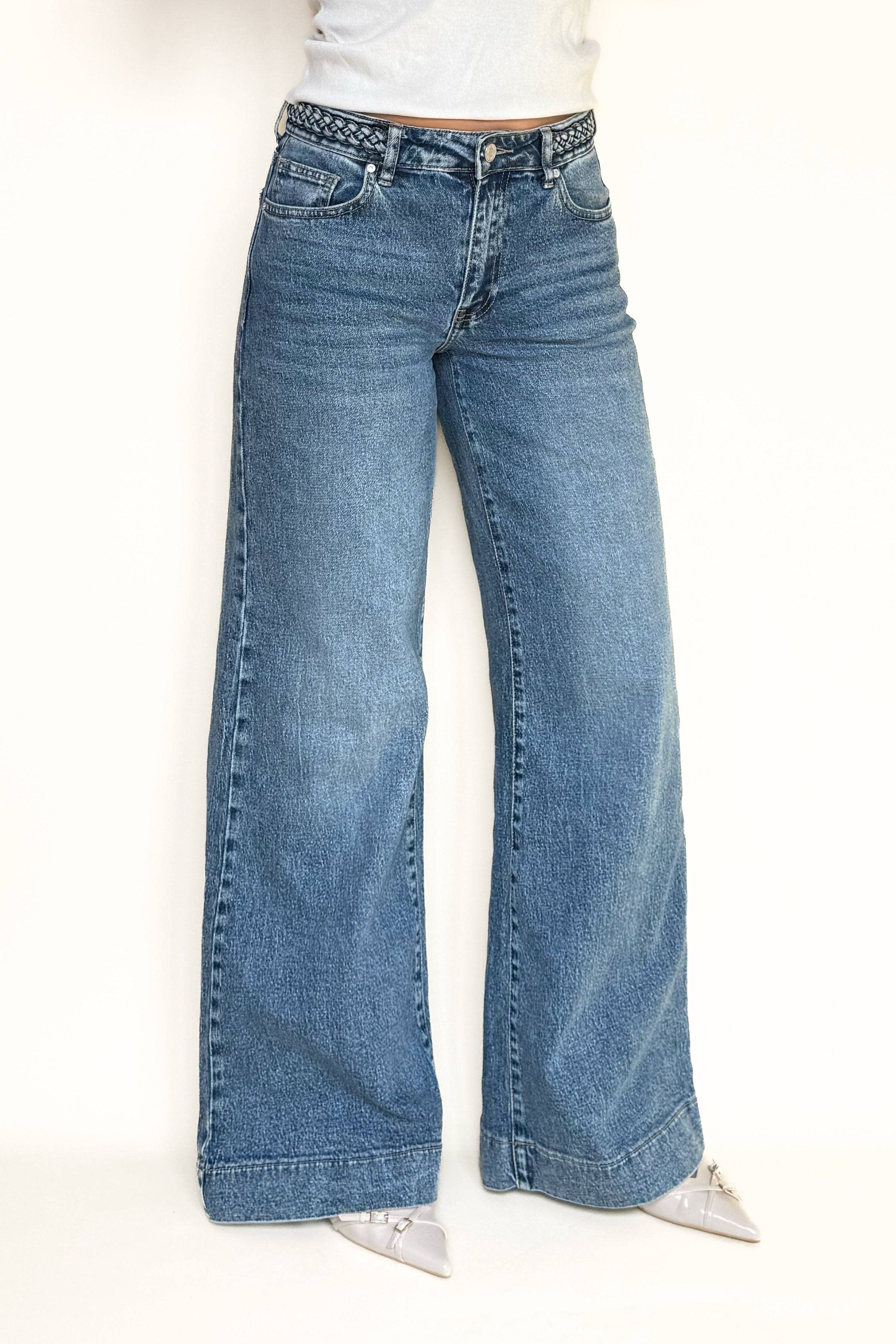 Mid Waist Wide Leg Jeans Braided