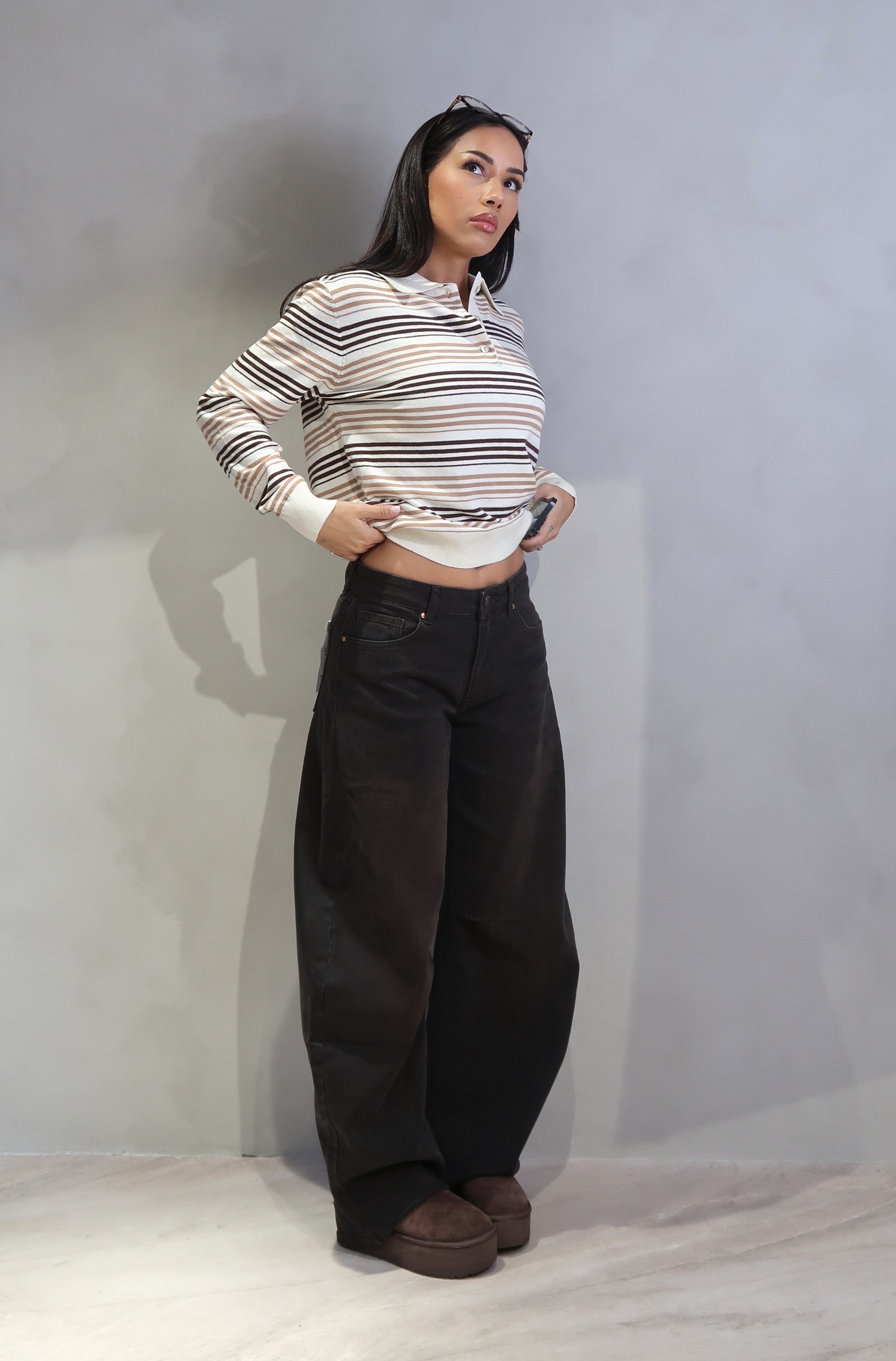 Mid Waist Wide Leg Jeans Brown Washed
