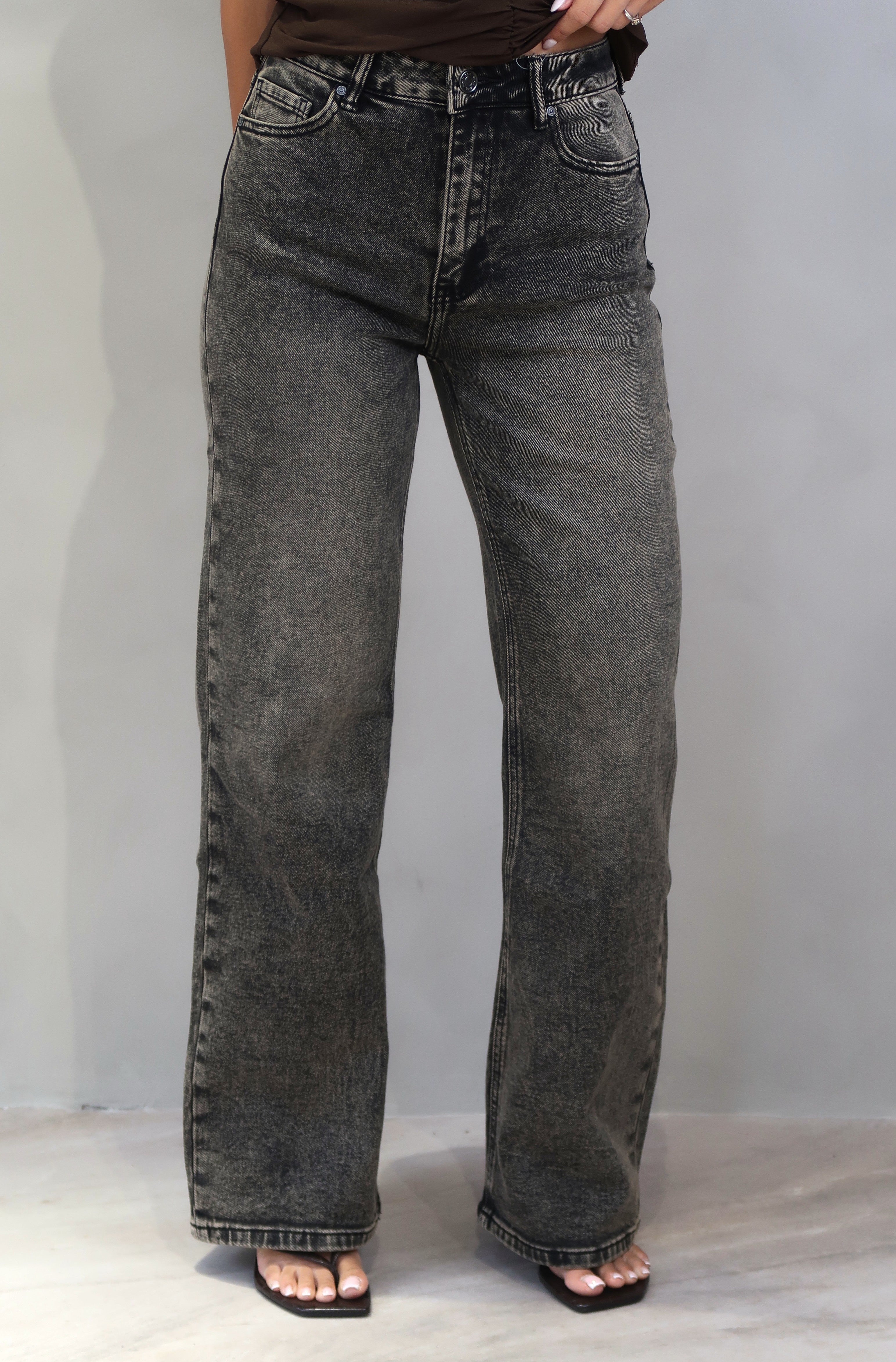 High Waist Wide Leg Jeans Brown Washed