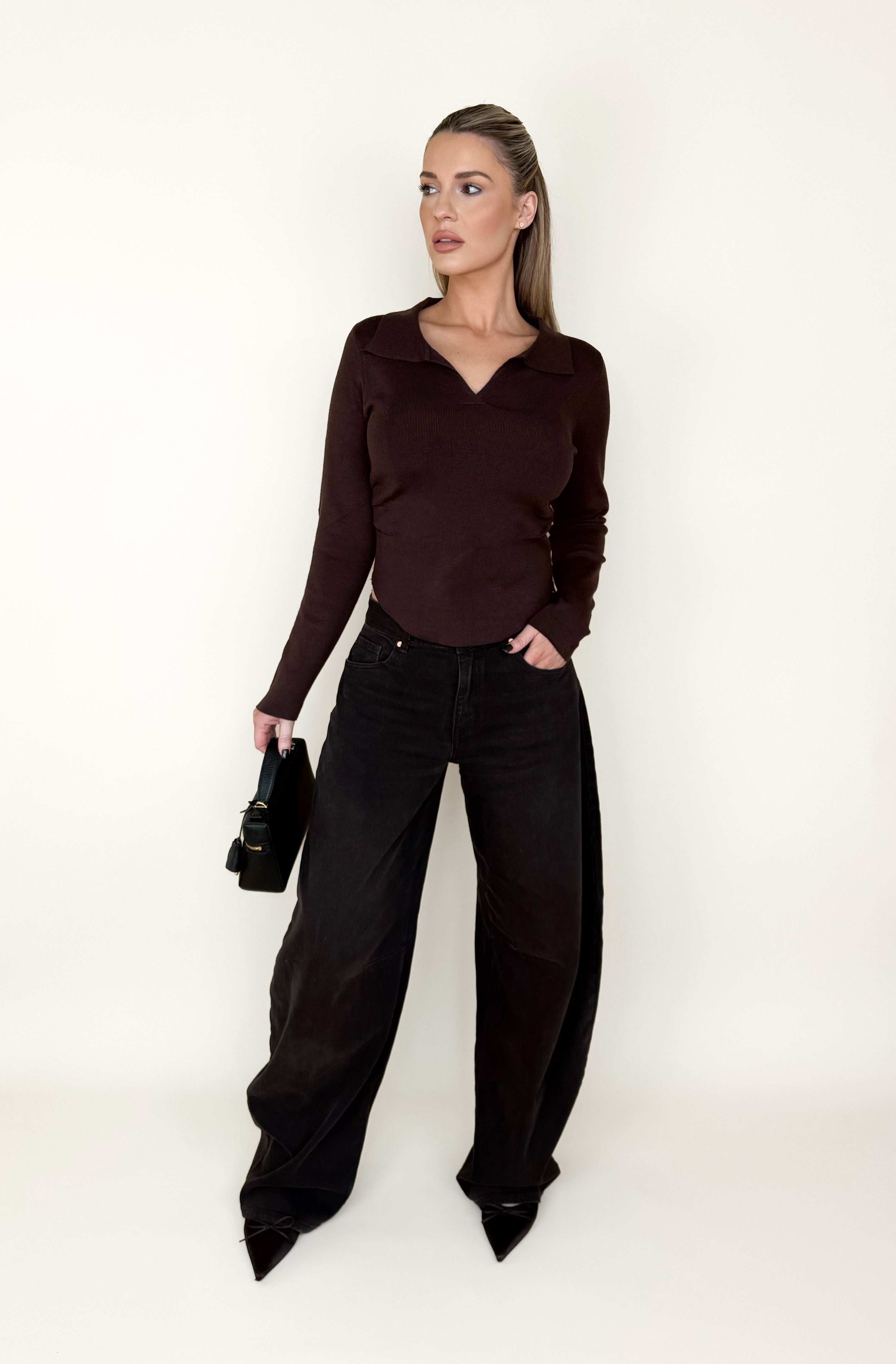 Mid Waist Barrel Jeans Brown Wash